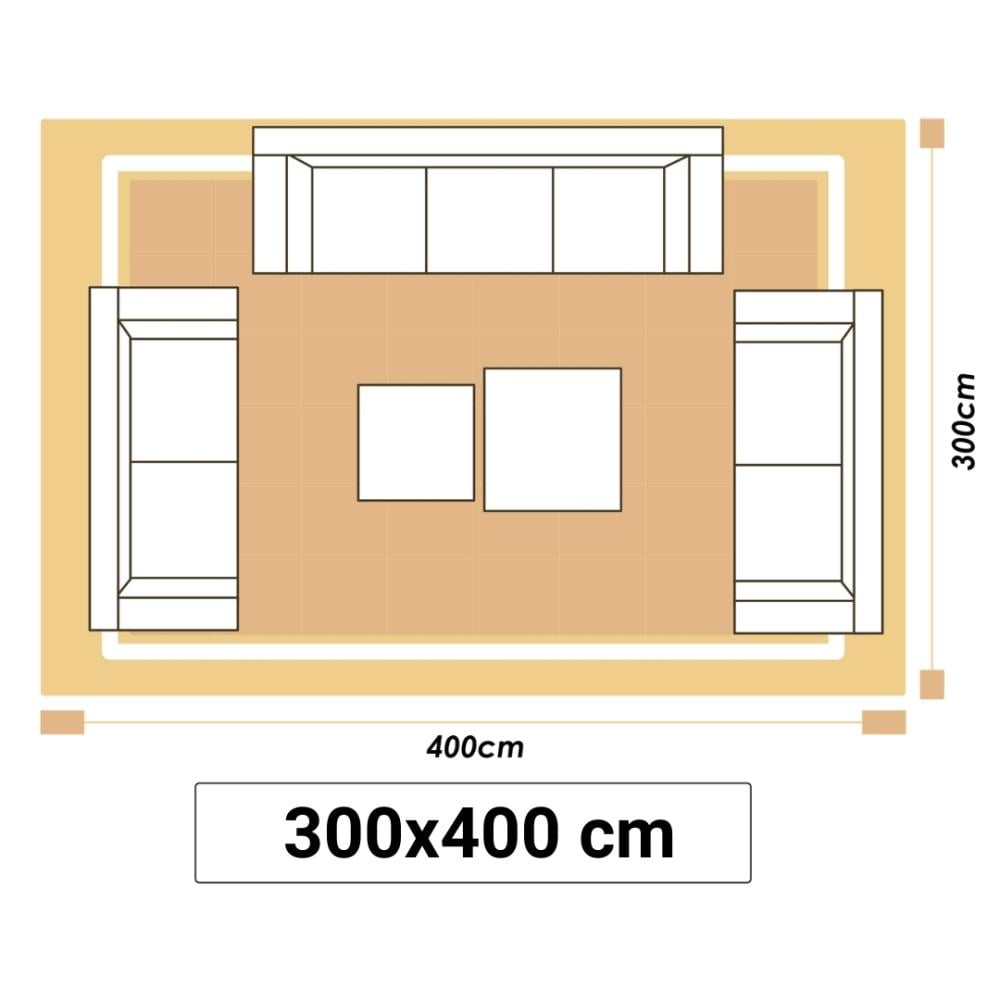 Illustrationer viser et stort stuetæppe i størrelsen 300x400cm.